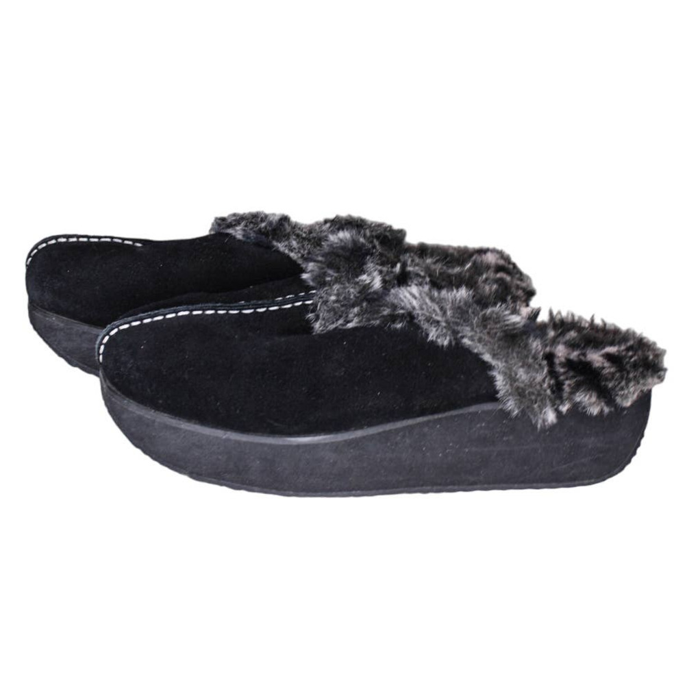 Volatile Black Leather Wedge Clog Slip On Shoes Faux Fur Lined Size 7.5